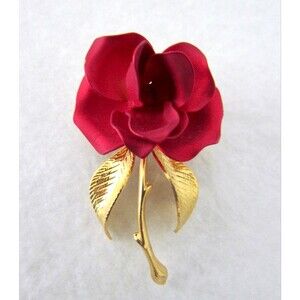 Cerrito Vintage Rose Brooch Pin Red Satin Gold Tone Signed